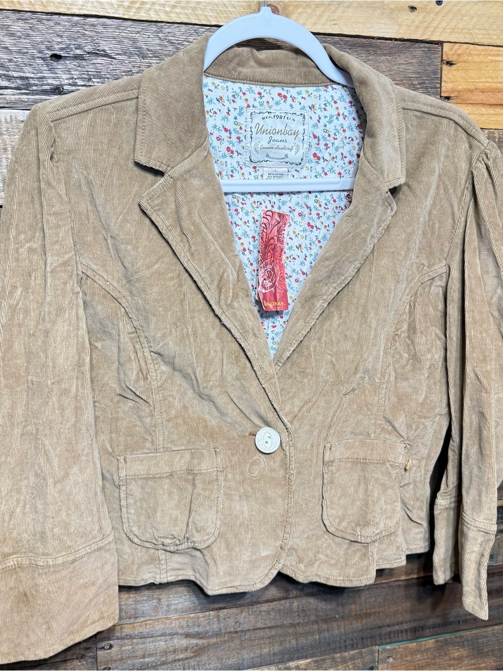 NWT Y2K Union Bay Juniors Womens Large Tan Corduroy Stretch Ruffle Blazer Jacket